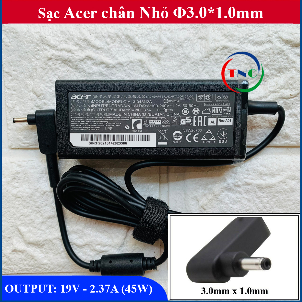 Sạc Laptop Acer Swift 19V – 2.37A  kích thước 3.0x1.1mm thay cho Swift 3 SF314-55, SF314-55G, Acer Aspire 3 A315-22, A315-34, Acer Aspire 3 A315-22, A315-34