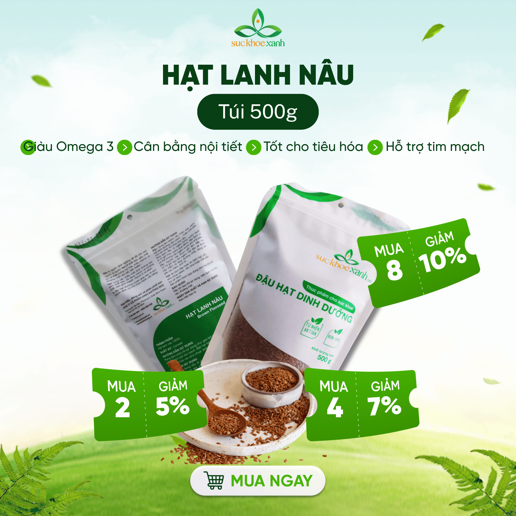 Hạt lanh nâu ấn độ 500g sức khỏe xanh – bổ sung chất xơ -protein thực vật -tốt cho tim mạch -giảm cân