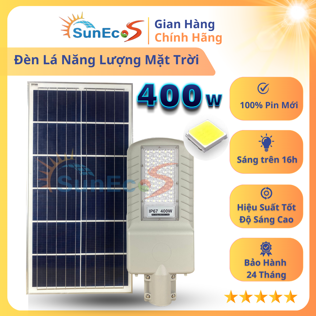 Đèn cao áp năng lượng mặt trời mắt ngọc 400W, Đèn đường năng lượng mặt trời, đèn năng lượng mặt trời, đèn bàn chải siêu sáng, Bảo hành 2 năm