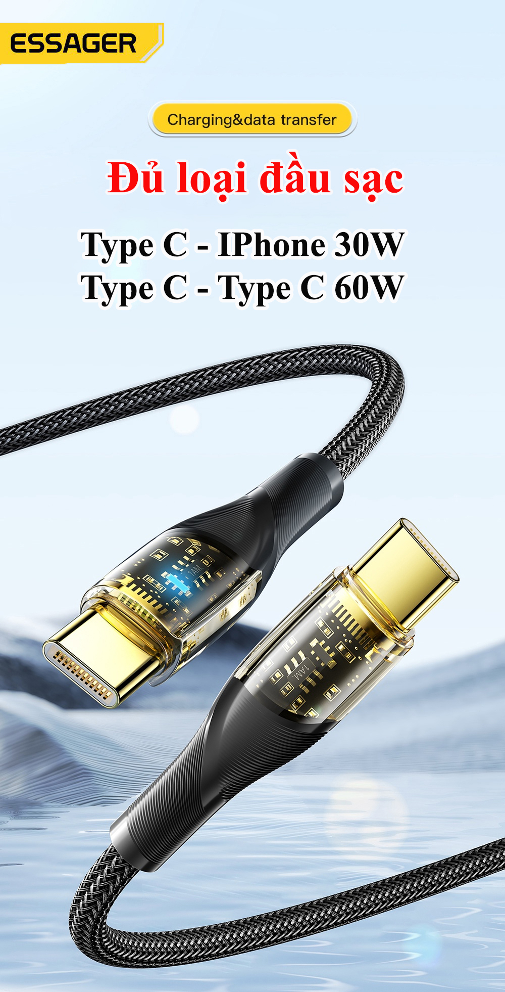 Dây cáp sạc điện thoại dài 2m, đủ loại đầu sạc, chất liệu vải hiệu ESSAGER, Type C - Type C, Type C - Lightning, dùng cho, Samsung, Iphone, Ipad Laptop, Macbook, Android