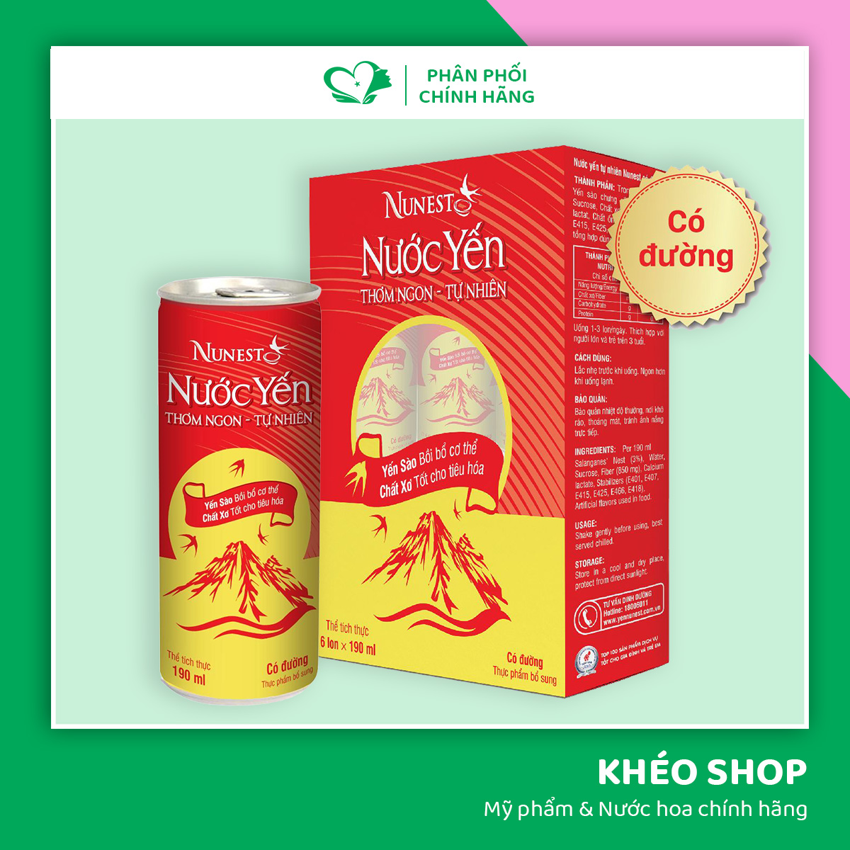 [Hộp 6 Lon x 190ml] Nước Yến Sào Có Đường NUNEST Thơm Ngon Bồi Bổ Sức Khoẻ Tốt Cho Tiêu Hoá