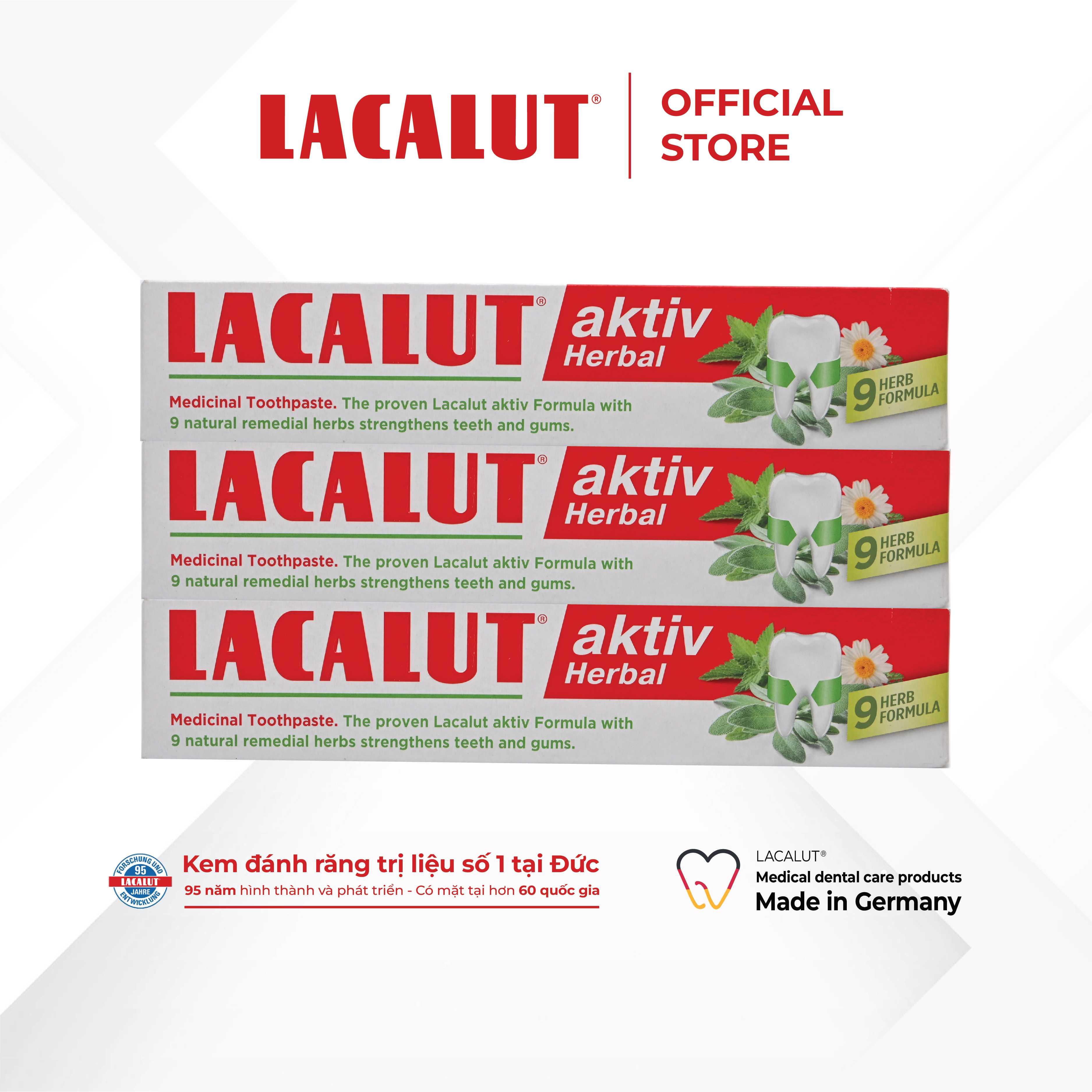 Combo 3 tuýp Lacalut Aktiv Herbal - Kem Đánh Răng Chống Tụt Lợi, Viêm Nướu
