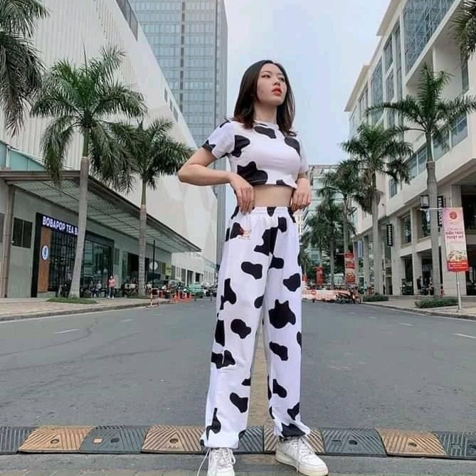 Set Bộ áo Croptop Bò Sữa Phối Quần Loang Unisex Ống Rộng/ Áo Crt Ôm Body Mix Quần Suông Phong Cách Ulzzang D39