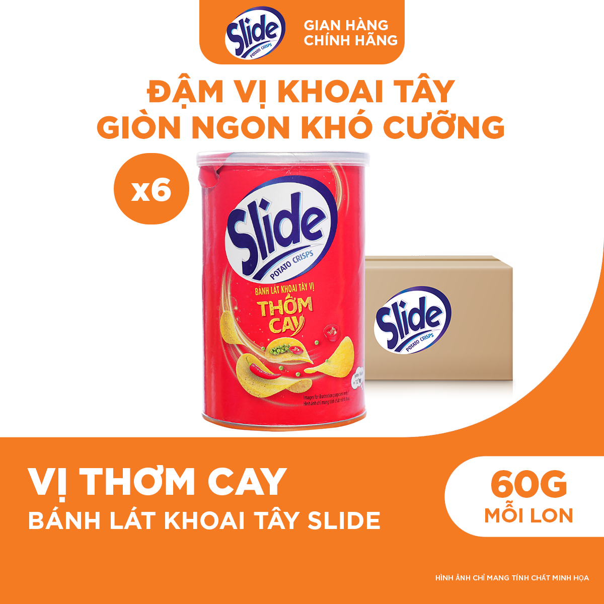 Combo 6 Lon Bánh Lát Snack Khoai Tây Slide Vị Thơm Cay 60g