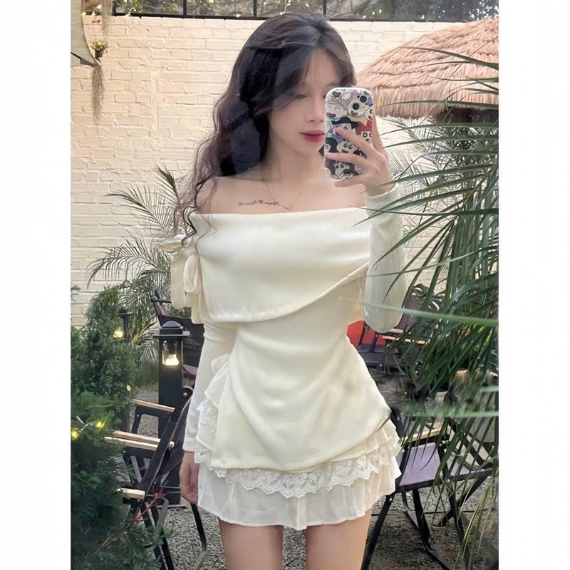 Set váy thời trang đi tiệc đi chơi áo trễ vai tay dài xẻ tà chất thun tăm co giản chân váy voan tơ phối ren