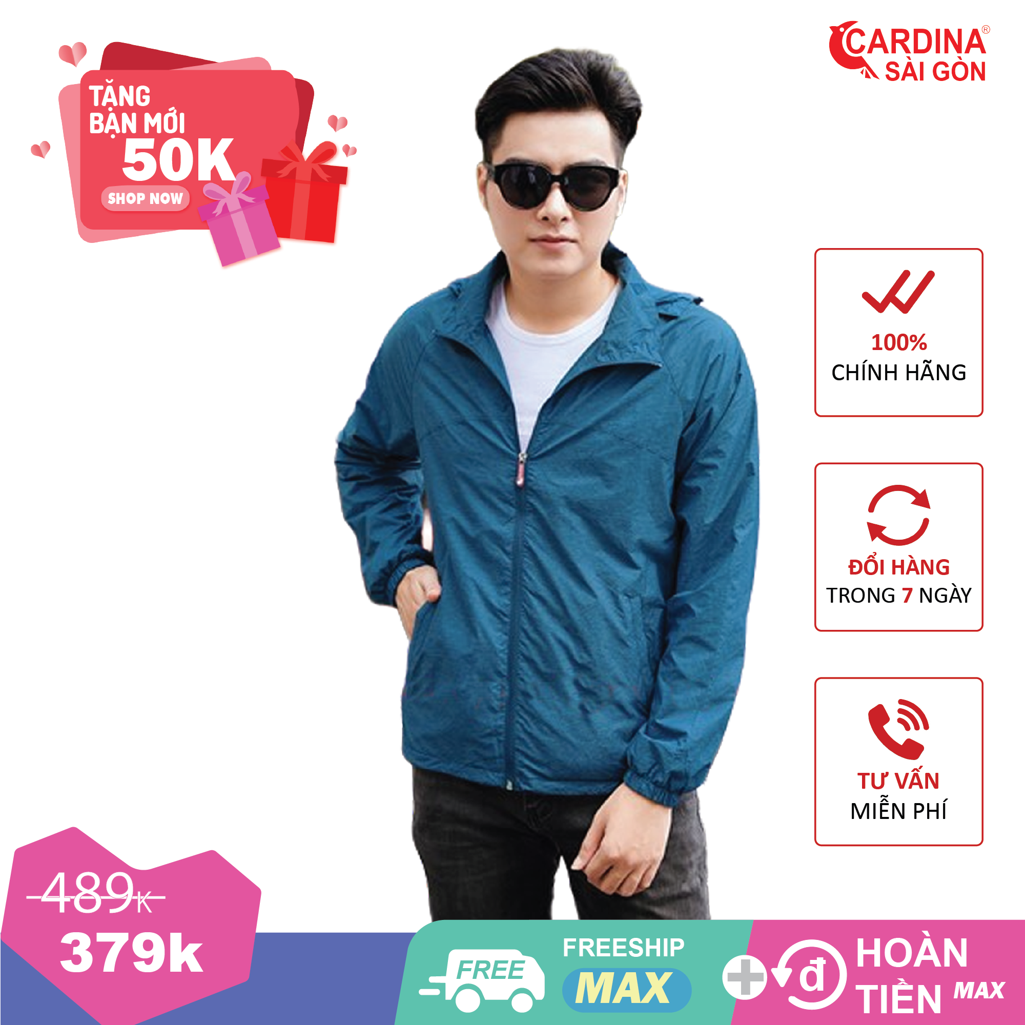 Áo khoác gió nam cao cấp chính hãng Cardina Sài Gòn chất liệu gió xước chống nước chống bám bụi gọn nhẹ nhiều màu nhiều size mã GM
