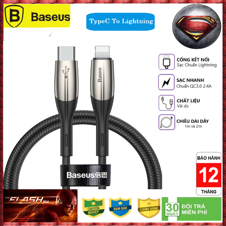 Dây sạc iphone baseus - cáp lightning hỗ trợ sạc nhanh - siêu bền - chống gẫy - đèn led - dài 1m 2m bảo hành chính hãng 12 tháng