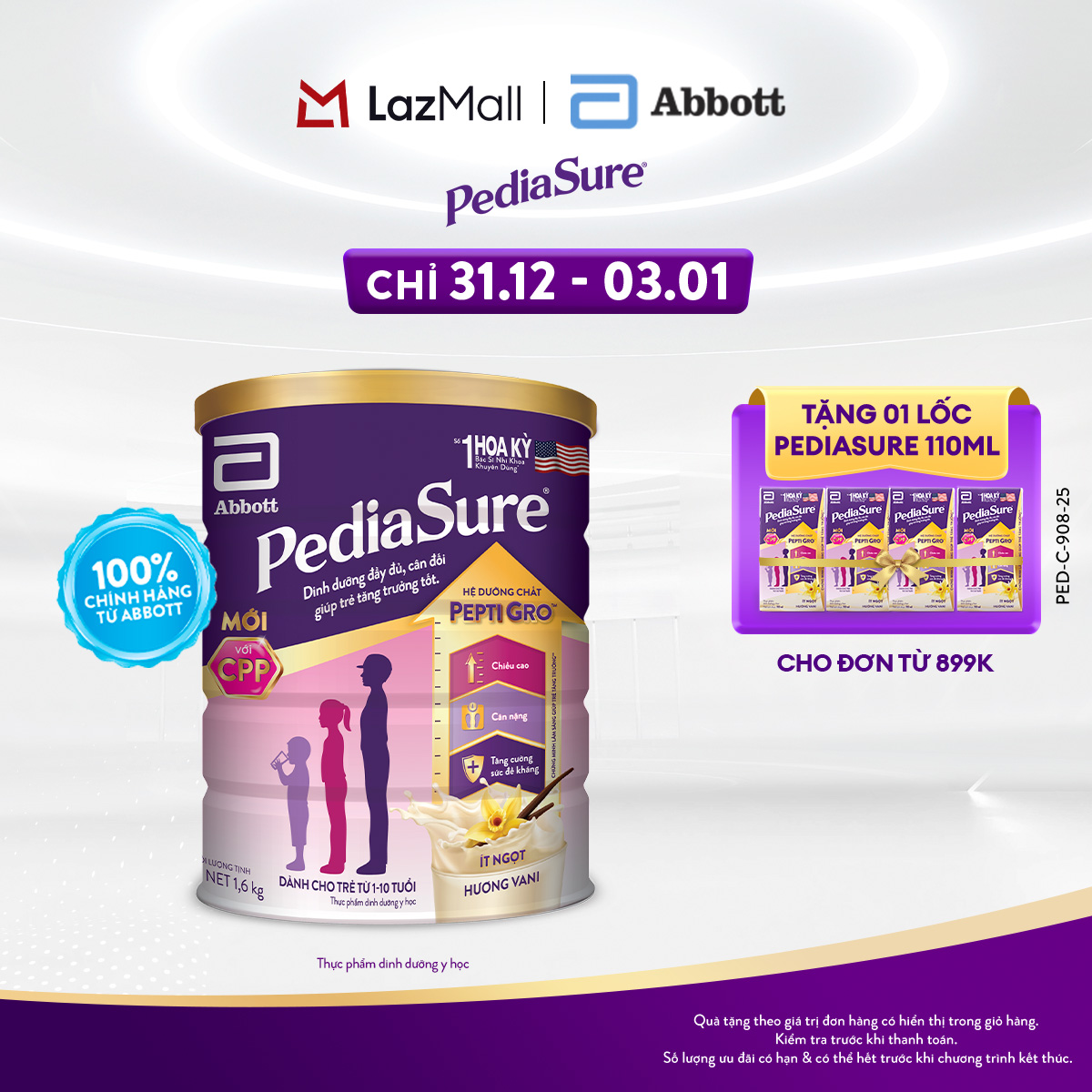  CHỈ 31.12 - 03.01 TẶNG QUÀ CHO ĐH 899K-SLCH  Lon sữa bột Pediasure B A hương vani 1.6kg. 