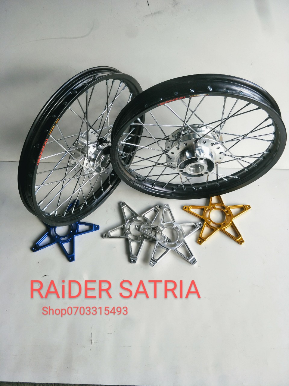 [HCM] CẶP BÁNH CĂM RAIDER SATRIA NIỀN NHÔM BANZAI 3 MÀU VÀNG ĐEN BẠC THÁI 1.4 1.4 KÈM PÁT NGÔI SAO TÙY CHỌN ĐĨA