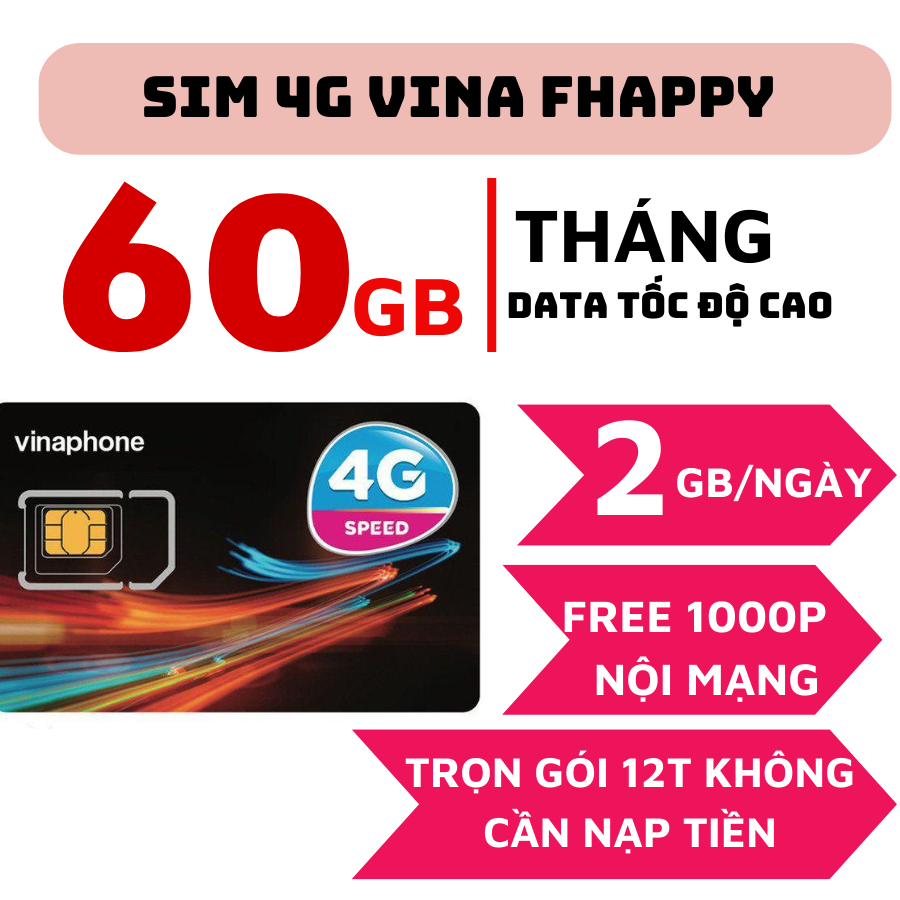 SIM 4G 1 Năm Sim Vinaphone Fhappy 2GB/NGÀY + 1000P Gọi Nội Mạng - TD49 100GB/tháng - Trọn Gói 1 Năm Không Cần Nạp Tiền . FREESHIP - CHƯA KÍCH HOẠT
