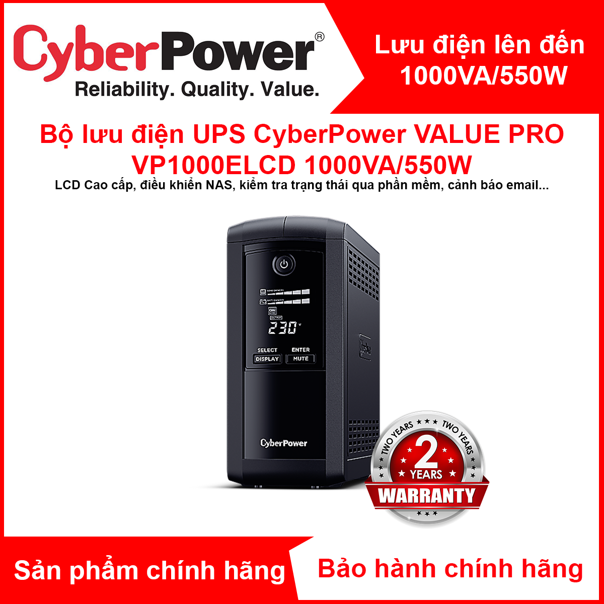 Bộ lưu điện ups cyber power vp1000elcd - 1000va/550w