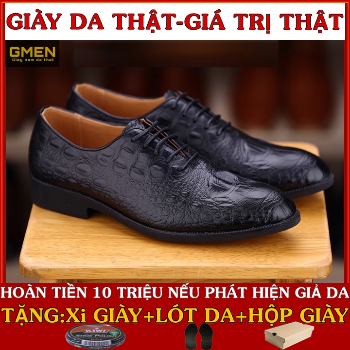 Giày tây nam chất liệu da bò dập vân cá sấu nguyên tấm bảo hành 1 năm GM0936