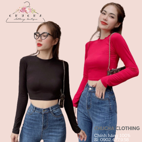 Áo Thun tay dài croptop cổ tròn trơn Basic chất lụa dẻo cực xịn Xem Video Shop quậy CHUCHACLOTHING