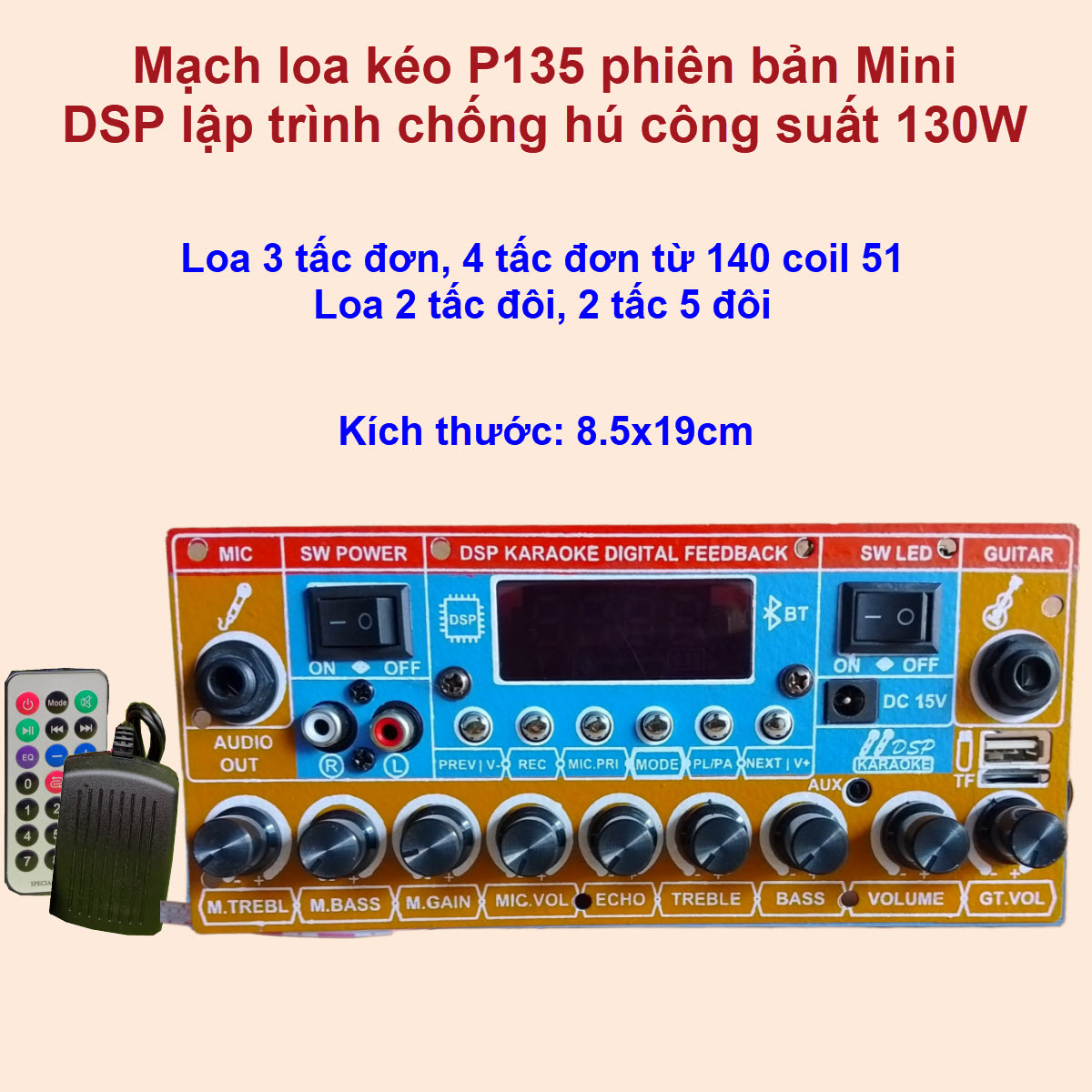 Mạch loa kéo P135 phiên bản mini lập trình chống hú công suất 130W