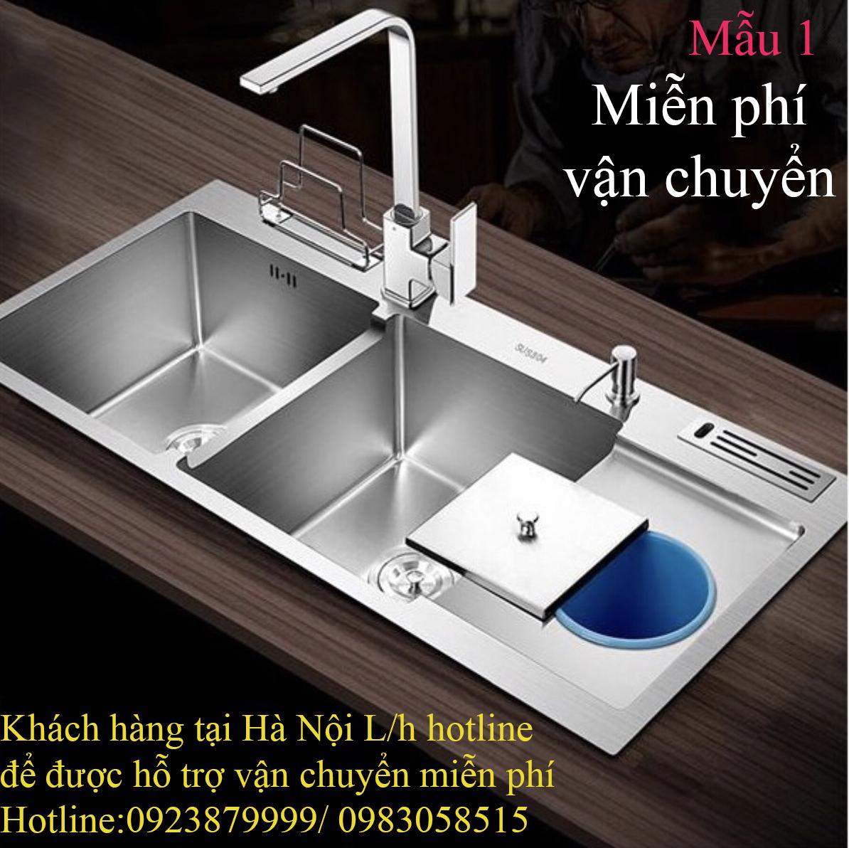 Chậu rửa bát SUBI Inox 304 2 hố đúc nguyên khối có cài dao và hố rác