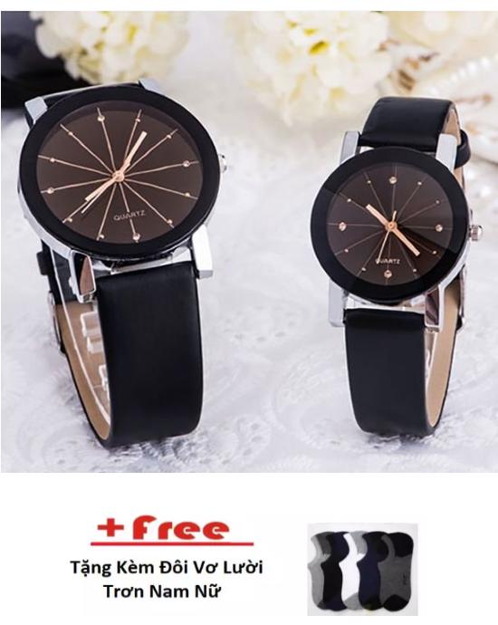 [HCM]Combo 2 Đồng Hồ Cặp Nam Nữ  Kính 3d Thạch Anh Tuyệt Đẹp (Đen Kim Vàng) + T ặng đôi vớ thời trang