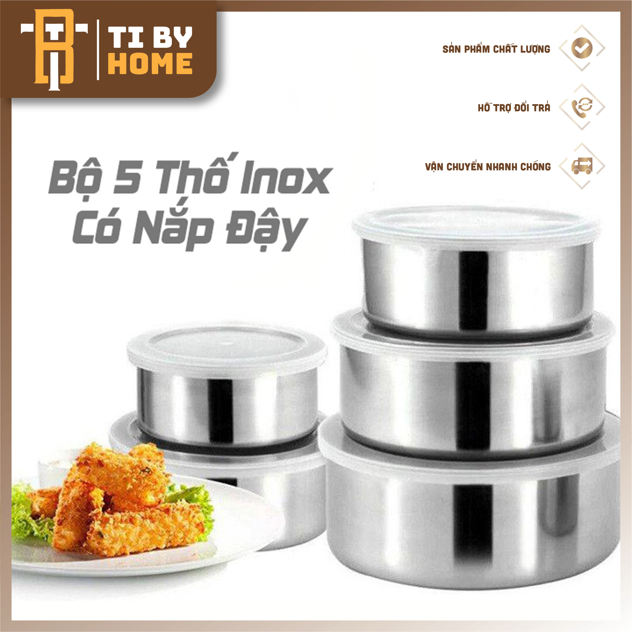 Bộ thố lạnh inox 5 món tibyhome , bộ 5 hộp đựng thực phẩm inox có nắp đậy cao cấp