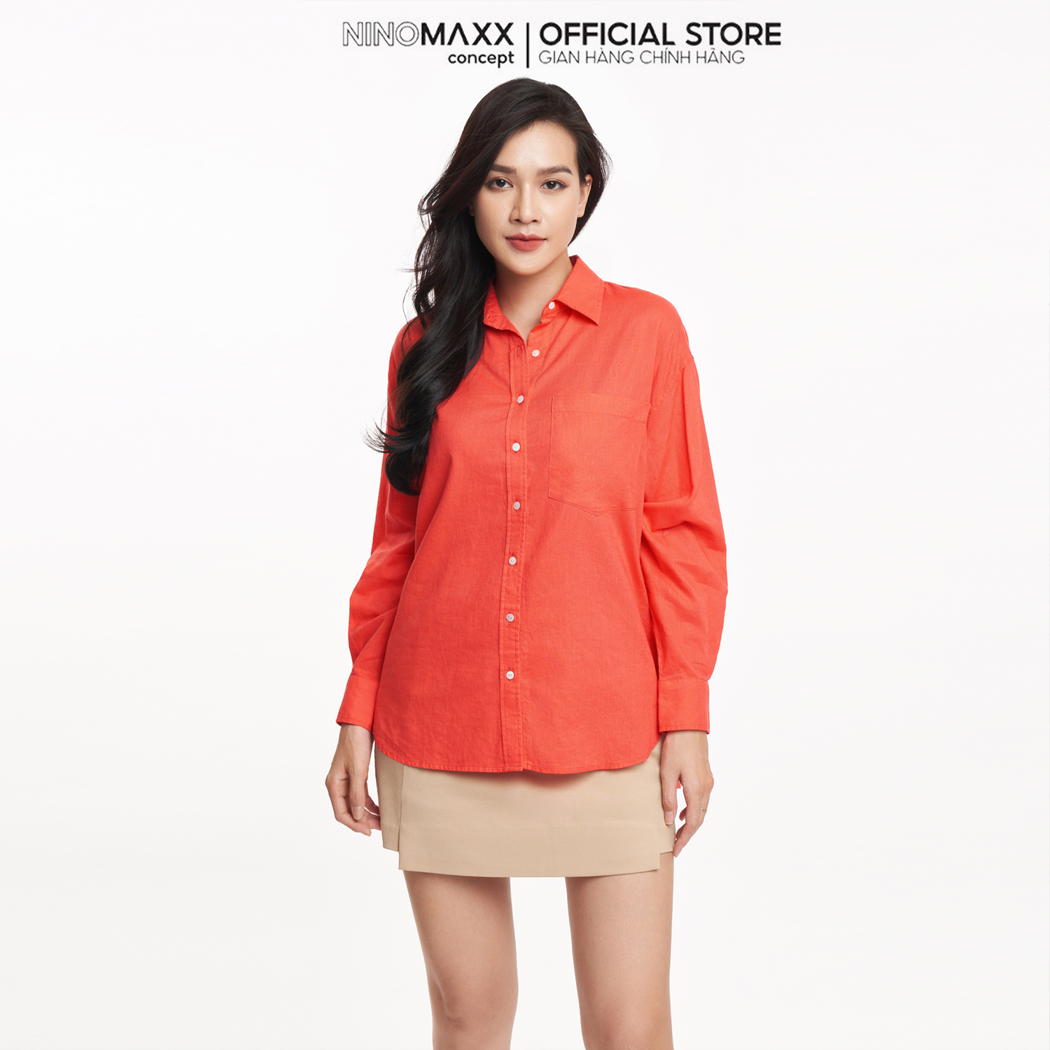 Ninomaxx áo sơ mi nữ tay dài cổ v form rộng cotton linen 2210007