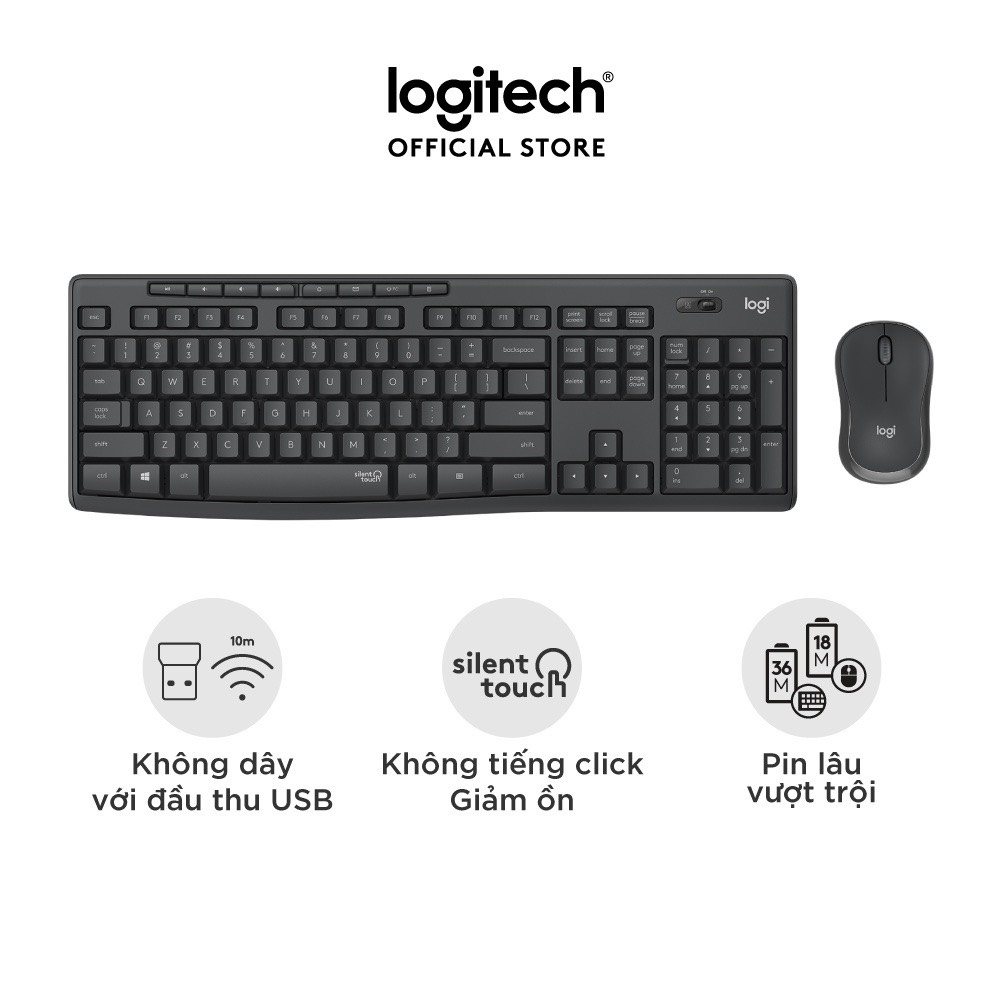 Combo chuột phím không dây Logitech MK295 Silent- Chống ồn 90%, có phím số, mắt đọc cải tiến, bền bỉ, không lag