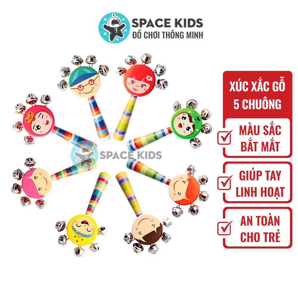 Đồ chơi trẻ em Lục lạc cho bé, Xúc xắc gỗ hình mặt cười có 5 chuông cho bé trên 3 tháng tuổi Space Kids