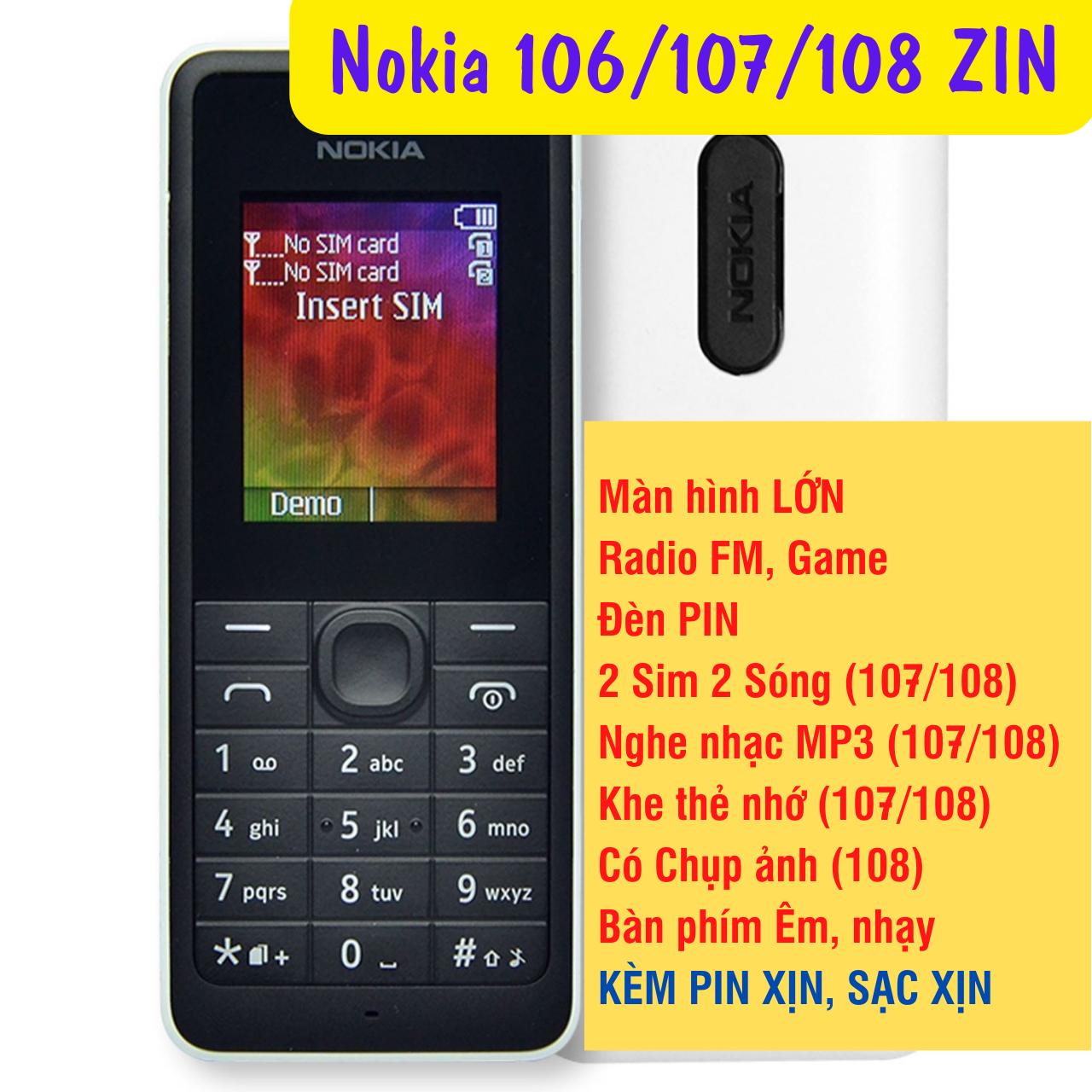 Điện thoại nokia 106, 107, 108 tùy chọn pin sạc