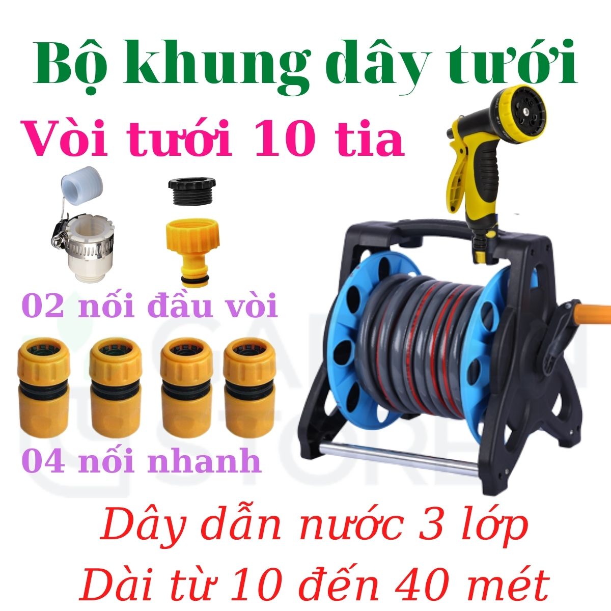 Khung Rulo Cuộn Dây Tưới Nước Tonydx Dài 30m Đủ Phụ Kiện, Gắn Là Sài, Xịt Cây, Rửa Xe, Vệ Sinh Nhà Cửa, Tắm Thú Cưng, Đầy Đủ Nối Nhanh, Vòi Xịt Nước Tăng Áp.