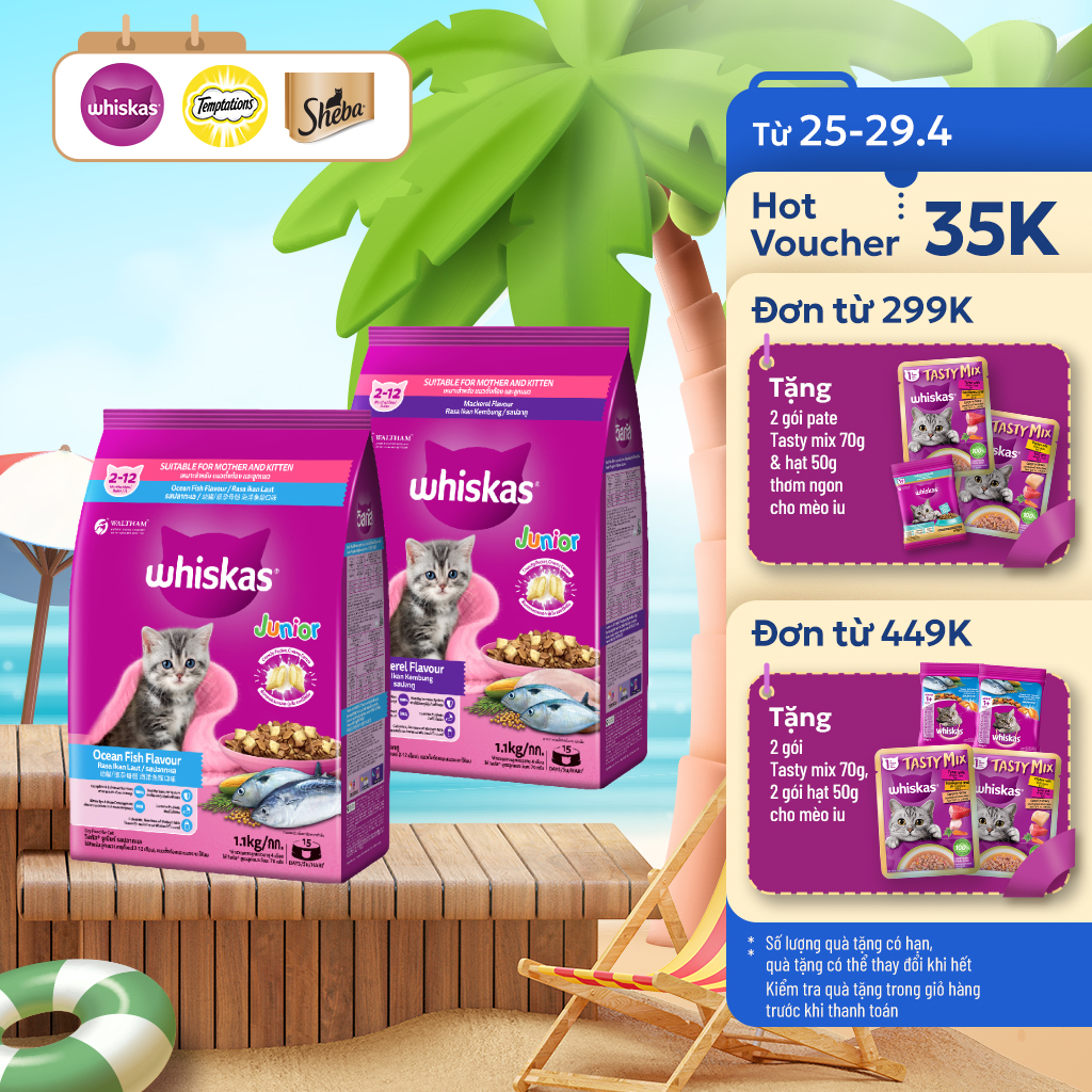 Bộ 2 túi thức ăn WHISKAS®  cho mèo con dạng hạt 1.1kg (2 túi)