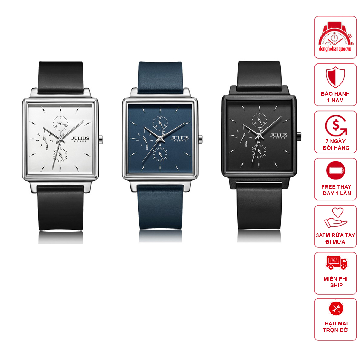 Đồng hồ nam Julius JAH-129 dây da mặt hình chữ nhật cá tính
