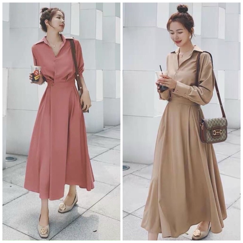 Đầm sơ mi nút eo 4 màu