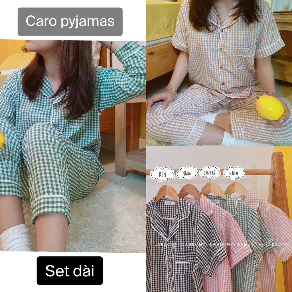 Đồ ngủ caro dài Pyjama nữ đồ mặc ở nhà chất kate lụa Labeony