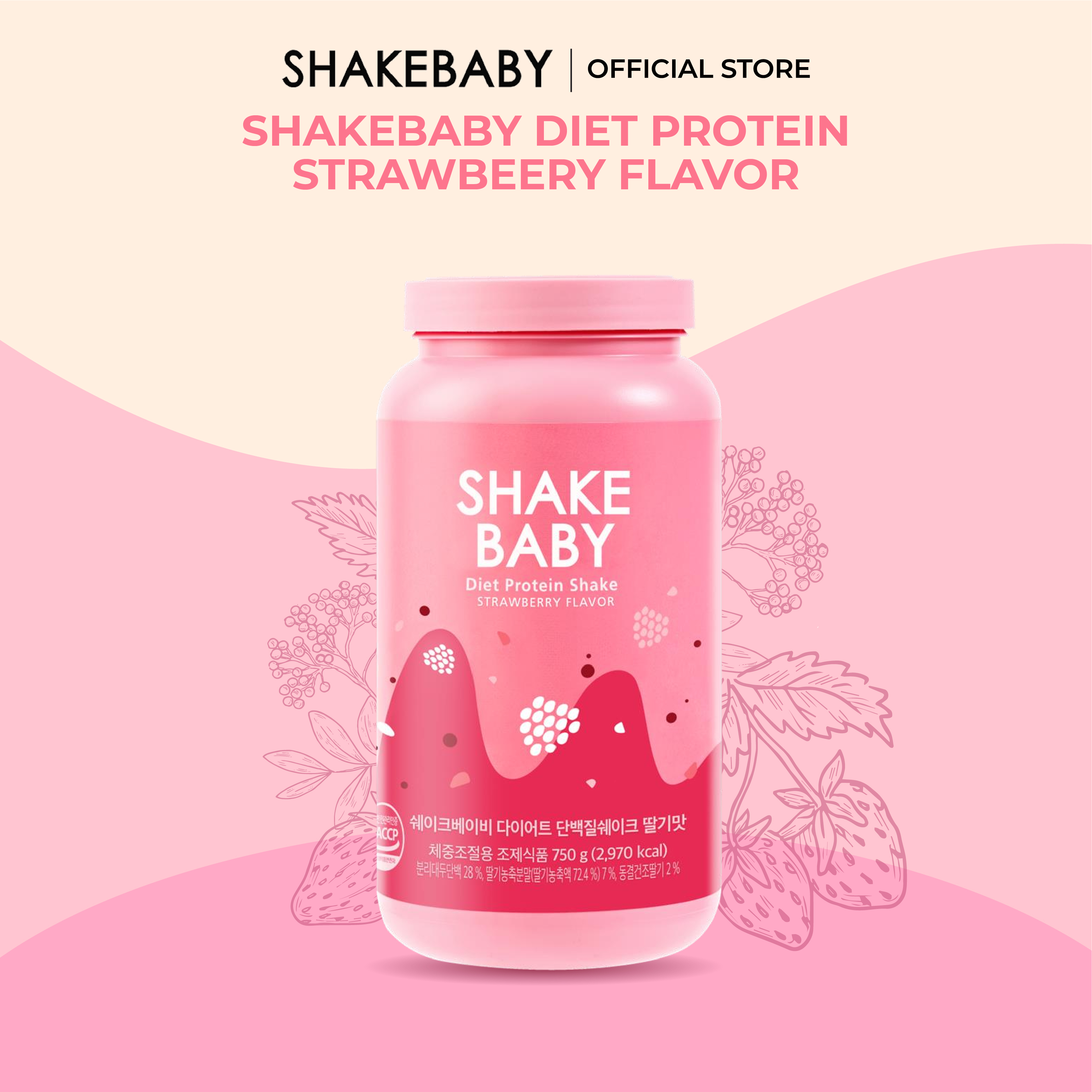 Bột ăn kiêng protein Hàn Quốc Shakebaby vị dâu Cân bằng dinh dưỡng, giảm cân lành mạnh 750g