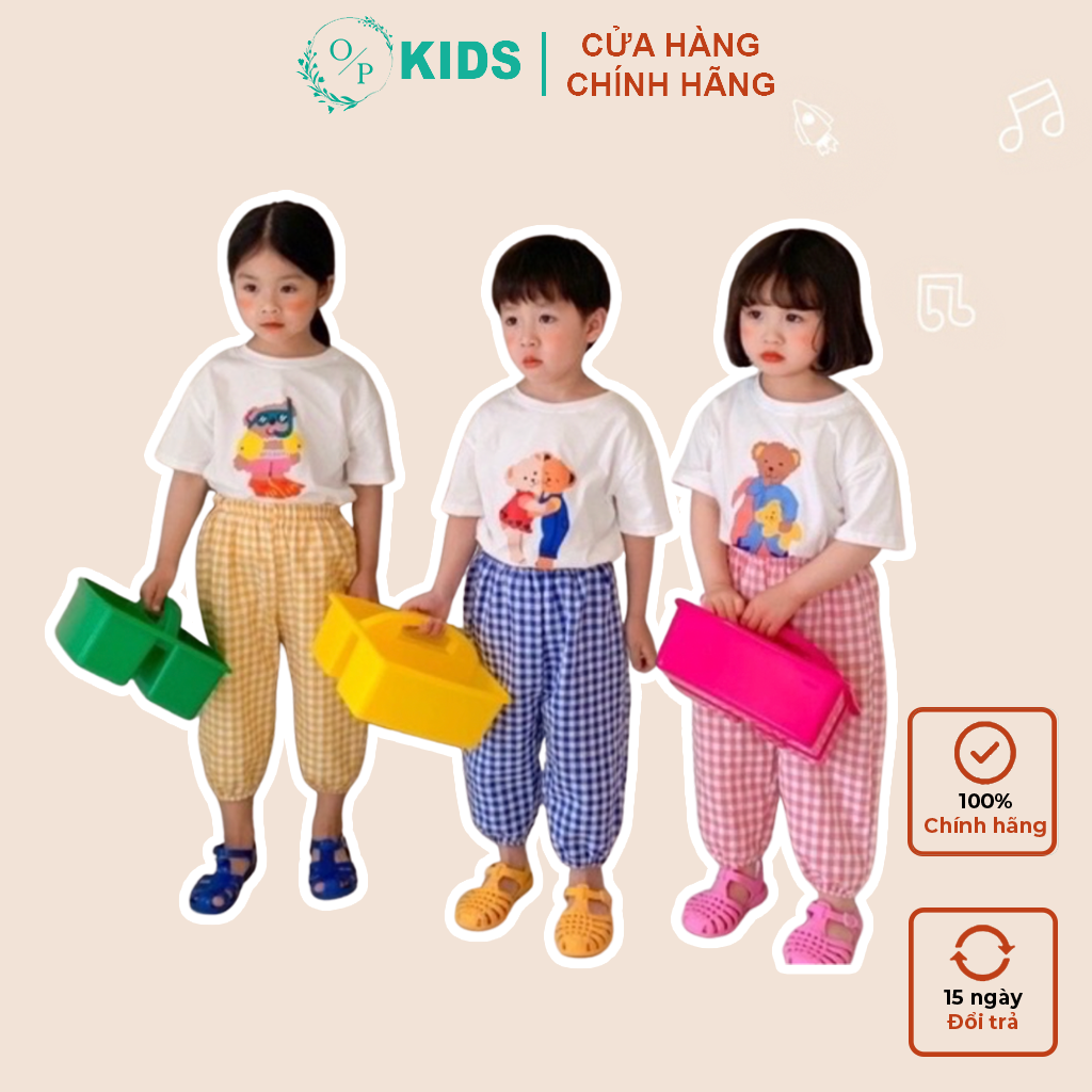 Quần Boom Chống Muỗi Phong Cách Hàn Quốc Hoạt Tiết Caro Chất Thô O.P Kids, Chất thô cotton, độ dày vừa phải, mặc mát mịn, thấm mồ hôi tốt, không nhăn nhàu