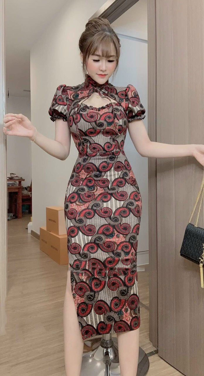 [HCM]ĐẦM NỮ SƯỜN XÁM HỌA TIẾT SẮC NÉT CỔ TÀU KHOÉT NGỰC QUYẾN RŨ THỜI TRANG NỮ LINH LAN FASHION PT70