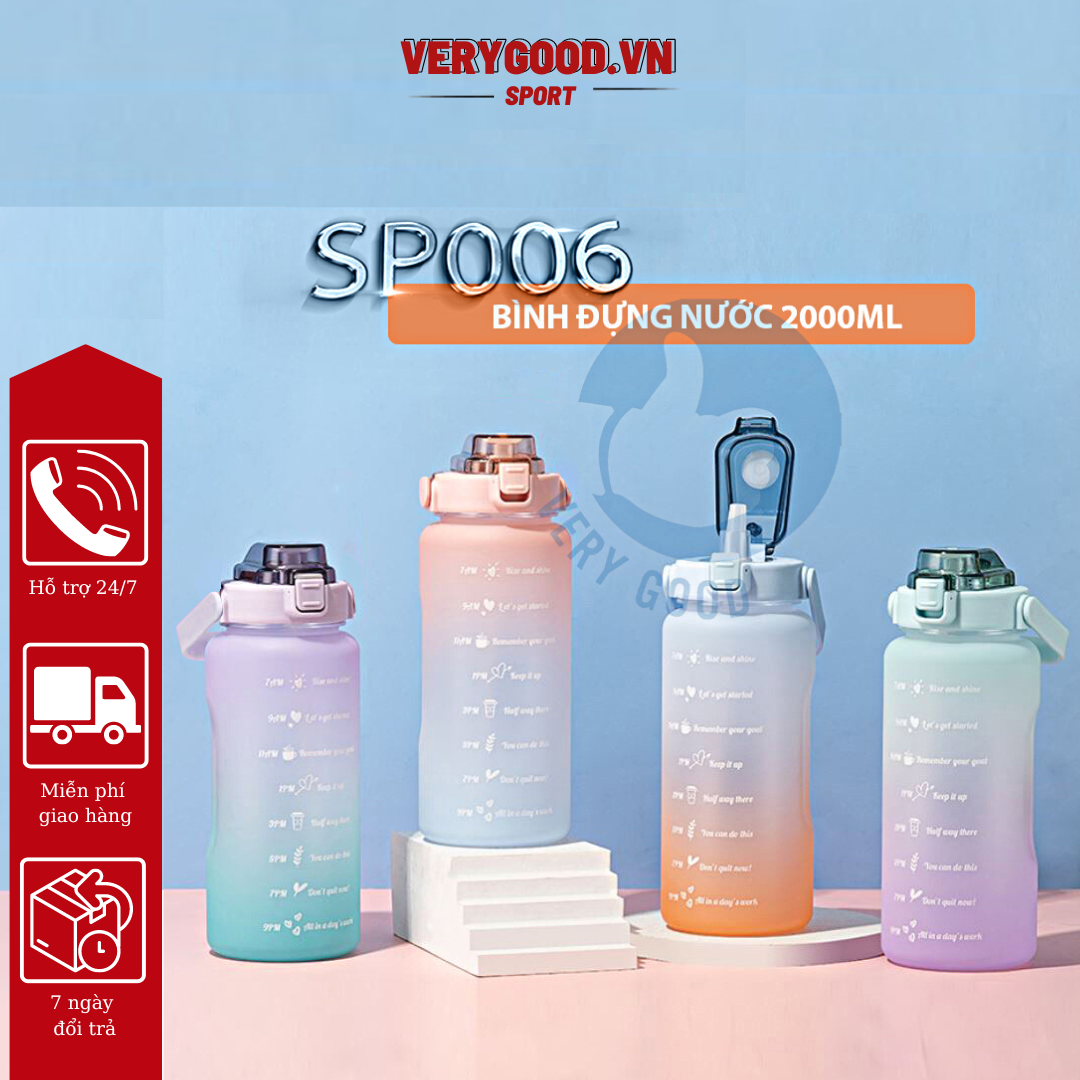 Bình đựng nước thể thao, tập gym 2L có chia vạch báo giờ uống nước chất liệu an toàn tặng kèm ống hút - Bình đựng nước cute - Bình đựng nước 2 lít dành cho người lười uống nước SP006 - bình nhựa đựng nước có vòi