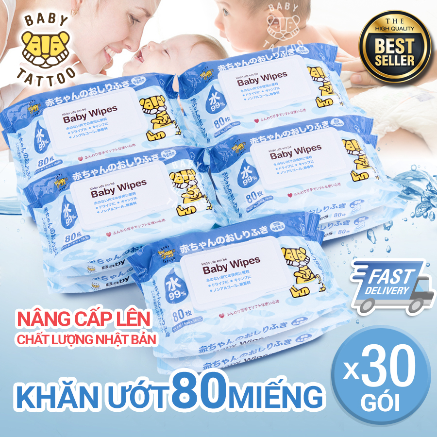 Combo 30 gói khăn giấy ướt baby tattoo cho bé không mùi, gói 80 miếng