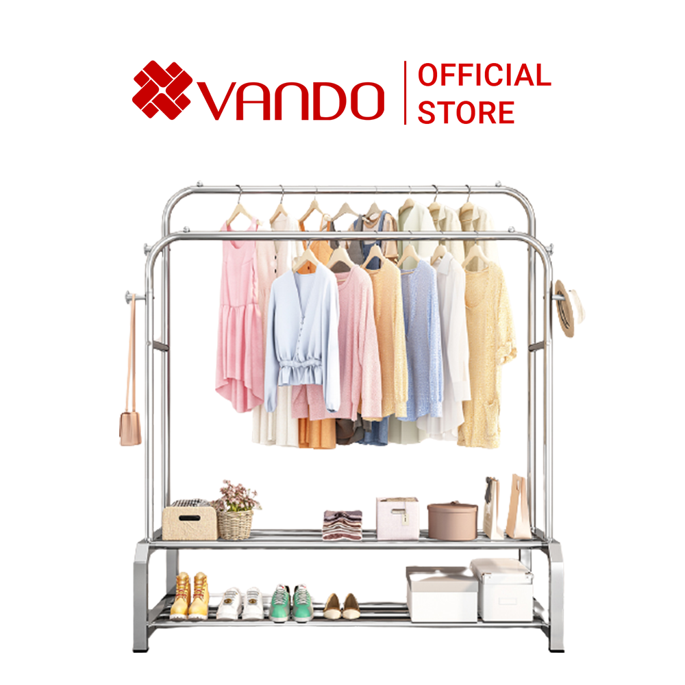 Kệ Quần Áo Đa Năng Inox Chính Hãng Vando, Giá Treo Quần Áo, Sào Treo Đồ Kèm Để Giày Tiện Lợi - Cao Cấp