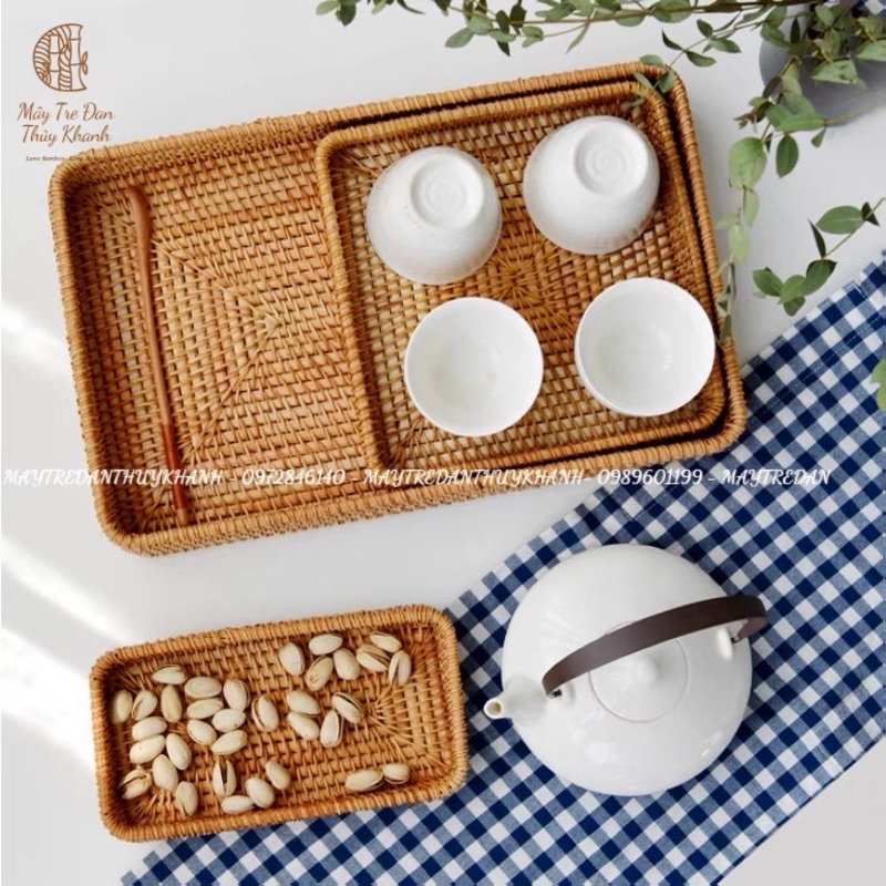 Khay mây guột đựng đồ đa năng - Khay trà mây vintage đựng bộ ấm chén, mỹ phẩm, bánh kẹo, hạt