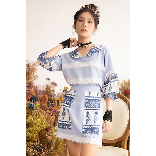 Quần váy xanh họa tiết xanh