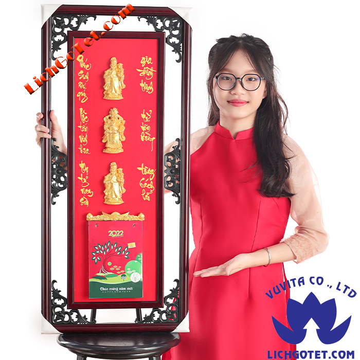 Lịch gỗ phù điêu phúc lộc thọ tượng k2 đỏ