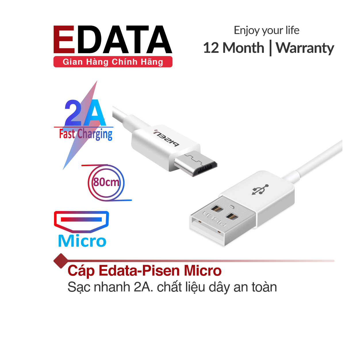 Cáp sạc EDATA- Pisen Micro sạc nhanh 2A dây PVC an toàn dài 800mm dành cho Samsung Huawei Oppo Xiaomi Vivo