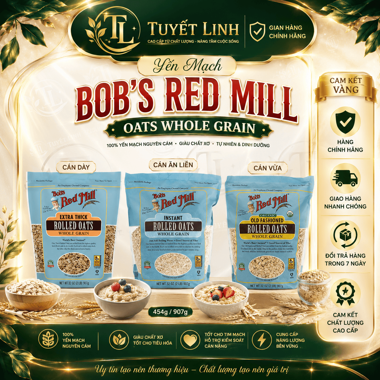Yến mạch bob's red mill - rolled oats - instant, old fashion, extra thick 454g/624g/907g