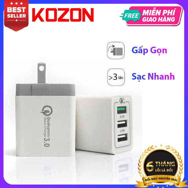 Đầu củ cốc sạc qualcomm 3.0 kozon sạc nhanh 3 cổng sạc usb đảm bảo an toàn sạc nhanh
