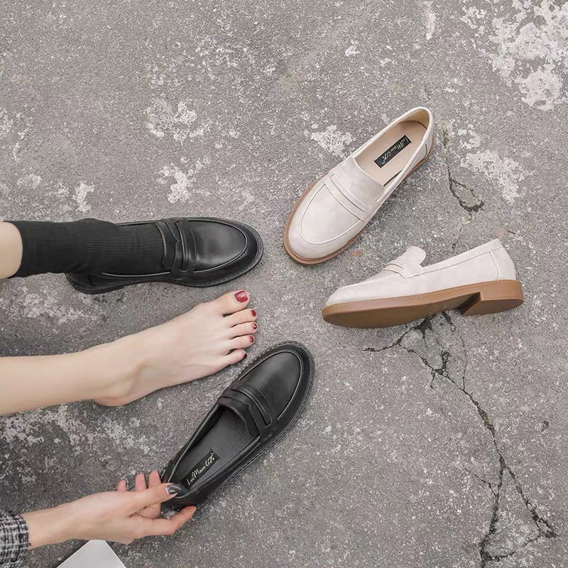 Giày moca loafer bệt văn phòng lười xỏ da mềm nữ 3cm có sẵn cao cấp đen trắng kem