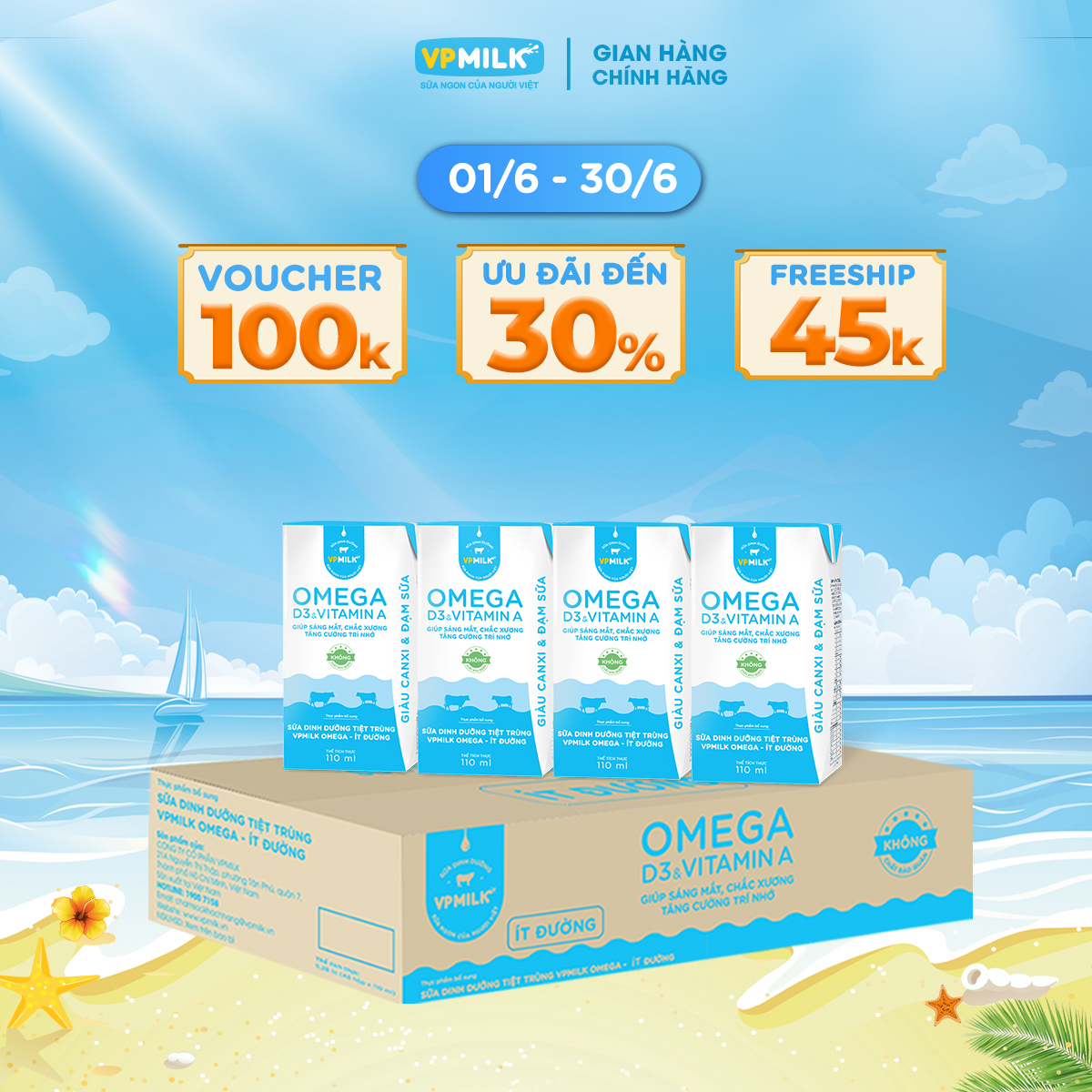 [Thùng 48 hộp 110ml] Sữa Dinh Dưỡng Tiệt Trùng VPMilk Omega ÍT ĐƯỜNG dạng hộp