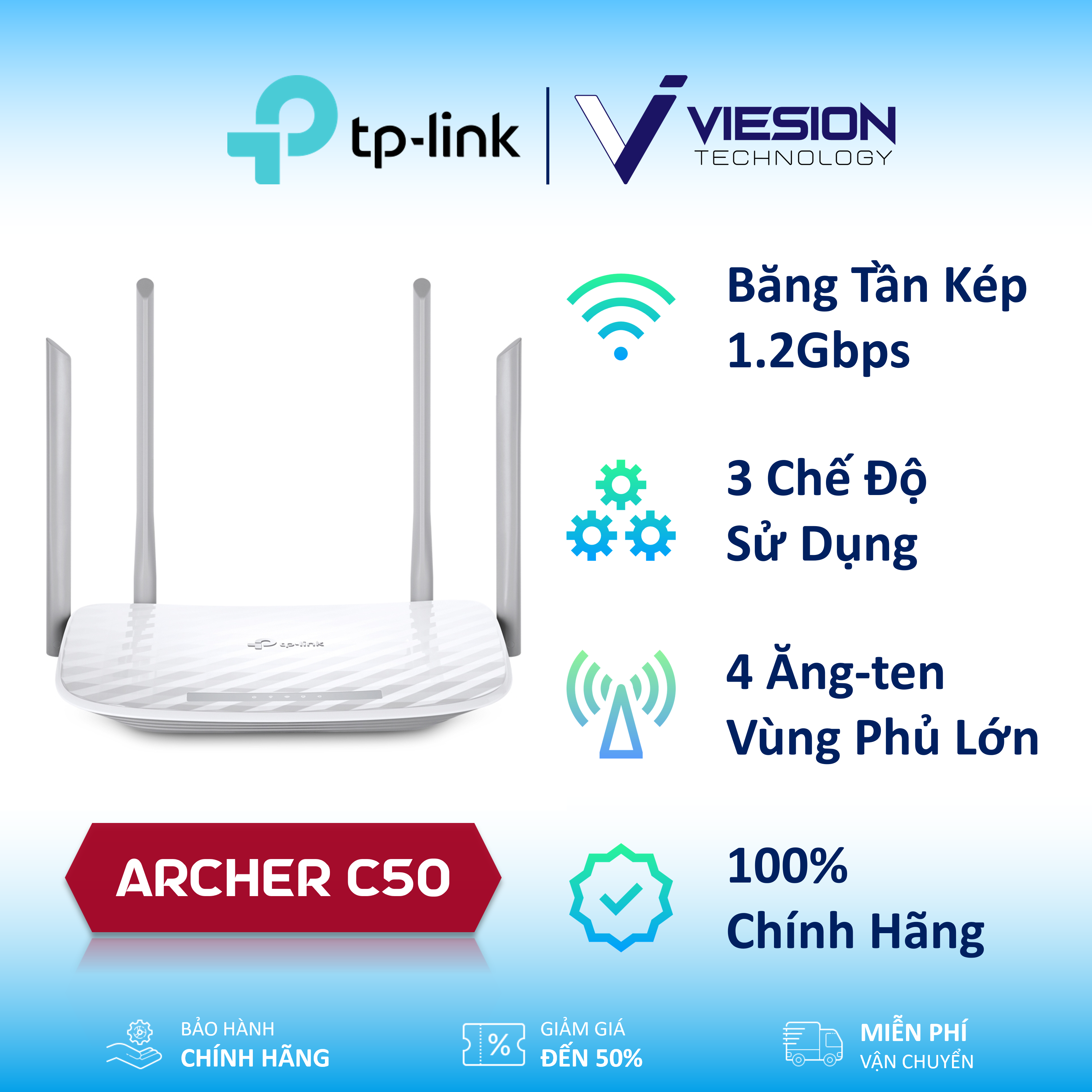 TP-Link Archer C50 - Bộ Phát Wifi Băng Tần Kép AC1200, tốc độ lên tới 1.2Gbps, 4 anten ngoài vùng phủ lớn