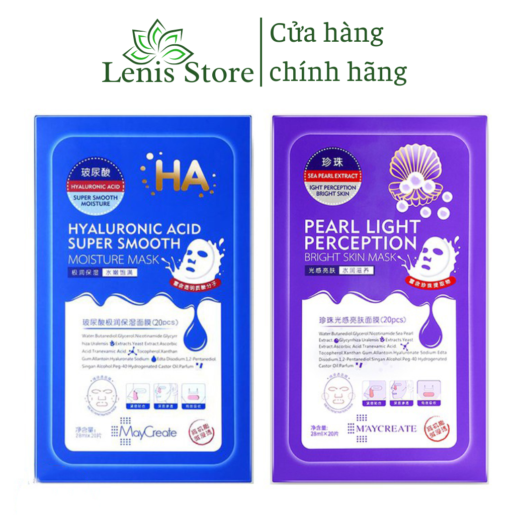 Bộ 20 miếng mặt nạ đắp mặt siêu cấp ẩm MayCreate HA Xanh Hyaluronic Acid Super Smooth Moisture Mask Xanh hoặc Tím nội địa Trung Lenis Store
