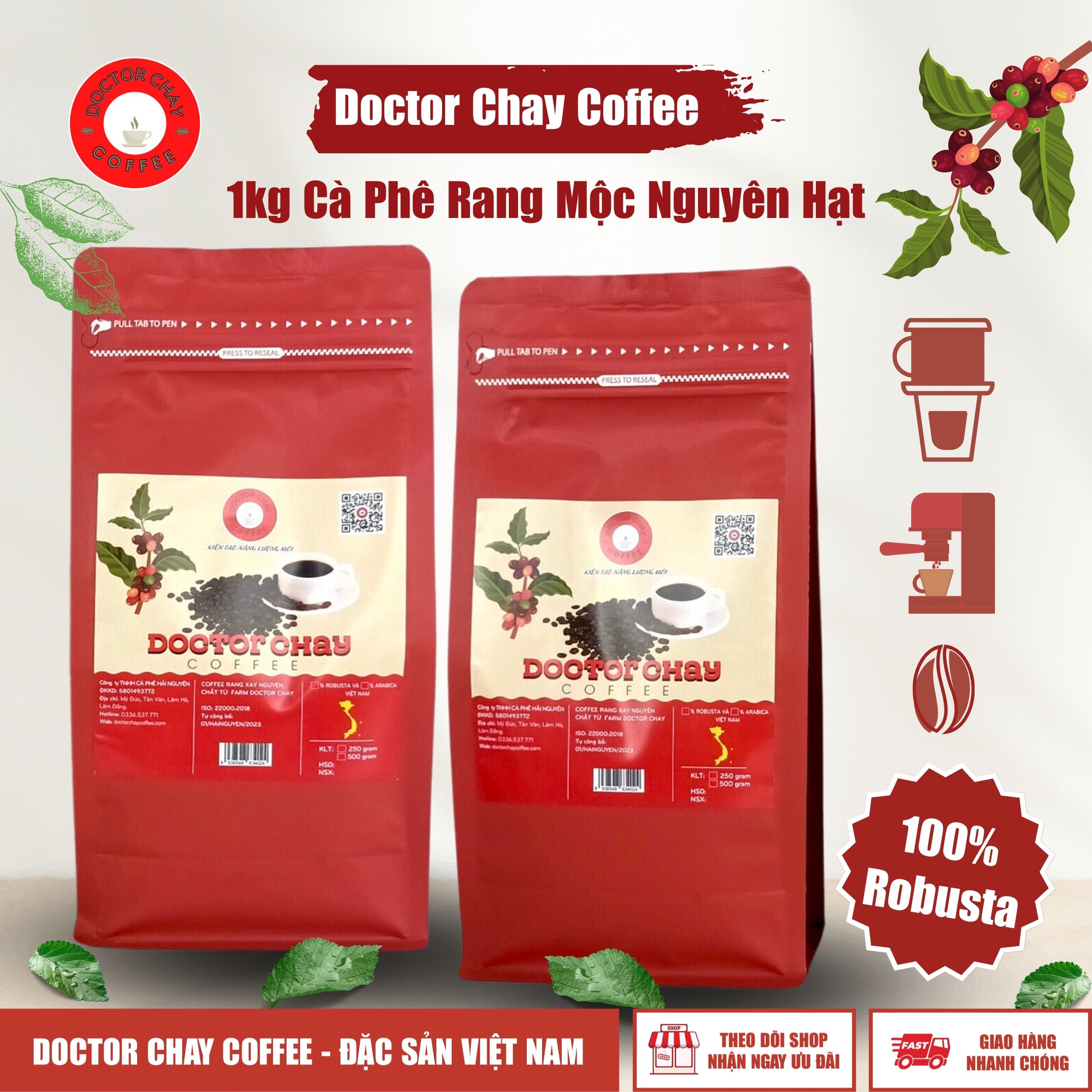 Cà phê rang xay mộc doctor chay coffee 100% robusta 1kg - cà phê pha phin ngon