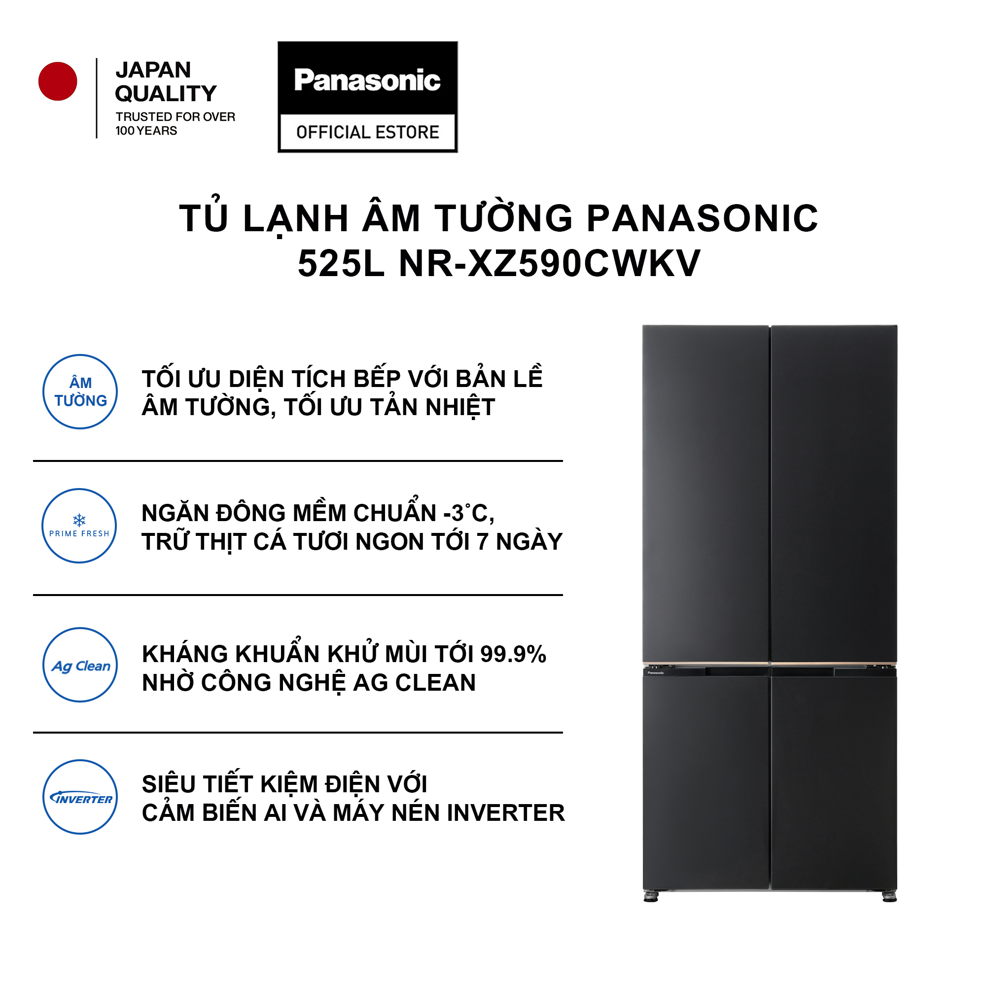 [Chỉ giao miền Bắc] [TRẢ GÓP 0%] Tủ lạnh 4 cánh Panasonic âm tường NR-XZ590CWKV đông mềm kháng khuẩn 99.9%