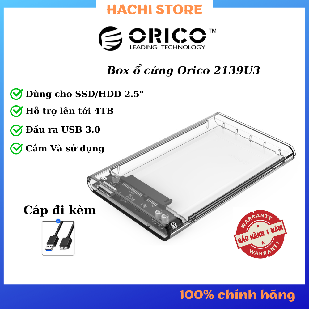  Box ssd Orico 2139U3  dùng cho  SSD HDD 2.5"  ra cổng usb 3.0 nhựa ABS trong suốt - Hàng Chính Hãng 
