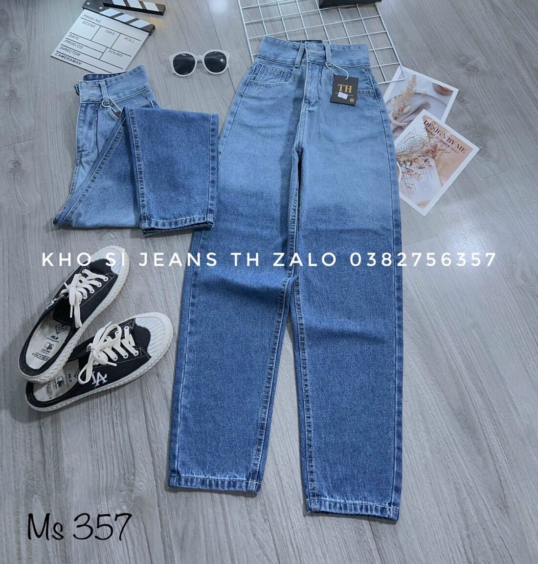Baggy jeans lưng cao 2 nút loan màu tua lai
